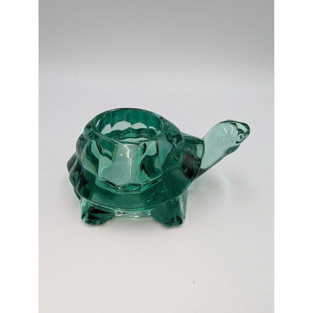 Vintage Indiana Glass Turtle Votive Holder Teal Green Figurine Trinket Dish